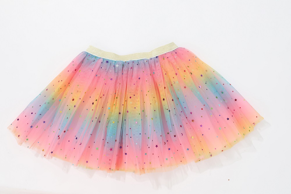 Nuevo vestido de princesa de malla falda de rendimiento para niños europeos y americanos tutú de tul para niños estrella de cinco puntas falda de arco iris