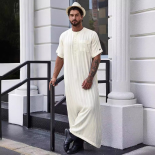 Middle East Dubai Turkish Muslim Men's Short Sleeve Solid Color Medium and Long Blouse Men's thobe 181-18