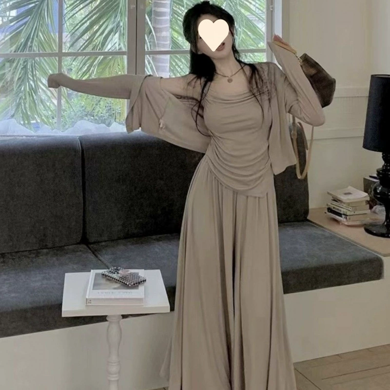 Новый осенний костюм-кардиган, утягивающий и закрывающий тело кардиган на подтяжках в ленивом стиле + повседневные полубрюки