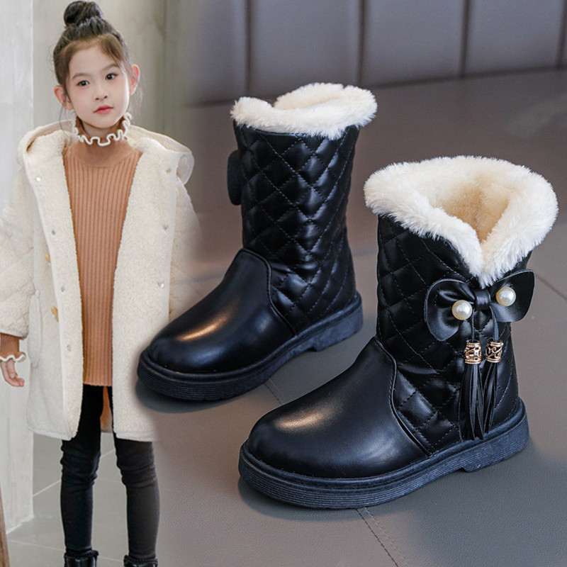 Girls' Boots Winter 2025 New Children's Snow Boots for Older Kids Warm Non-Slip Princess Leather Short Boots Mid-Calf Boots