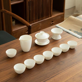 德化陶瓷茶具套装 功夫 泡茶专用喝茶家用高档轻奢盖碗羊脂玉描金