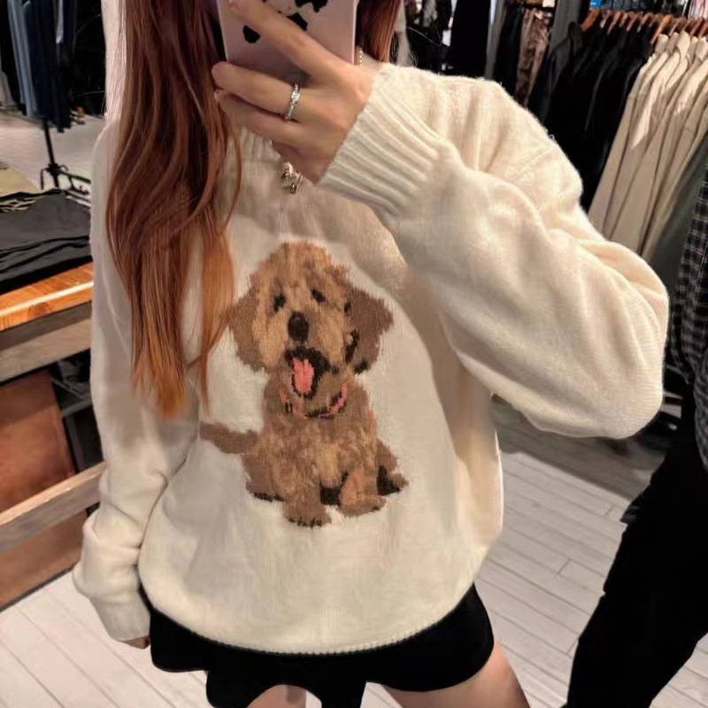 American Cartoon Sweet Loose Puppy Lazy Style Knitwear Hollister Autumn and Winter Soft Waxy Knitwear Top Trendy