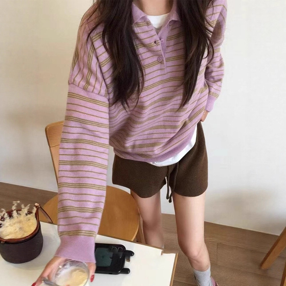 韩国代购2025早秋新款复古条纹长袖polo领针织衫女韩系毛衣