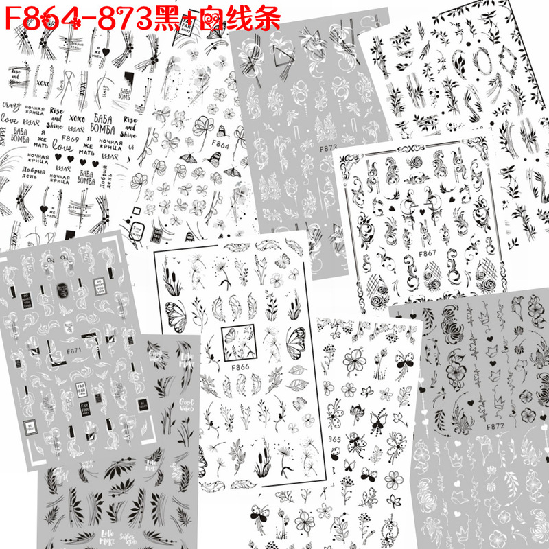 Summer new flower nail stickers black and white flower art lines nail stickers wholesale Yiwu