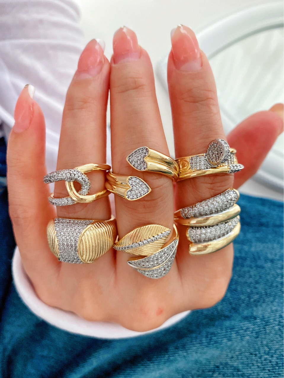 Zircon Inlay Material Open Rings Classification Wholesale Jewelry IG Style Geometric Leaves Heart Shape Copper Zircon 18K Gold Plated Mixed Metal Plating Inlay Open Rings