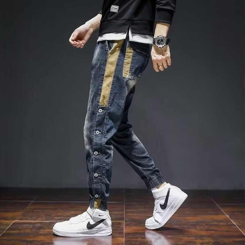 Autumn New Trendy Brand Jeans Men's Cropped Pants Slim-fit Skinny Harem Pants Stitching Workwear Casual Trendy Pants