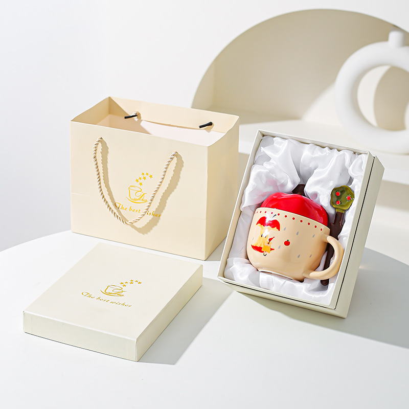 Regalos de Año Nuevo, copas de manzana retrógradas con tapa y cucharas, cajas de regalo para regalo de cumpleaños para amigos.