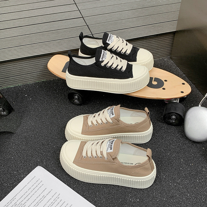 Black Canvas Shoes for Women 2026 New Popular Thick-Soled Height-Increasing Sneakers Versatile Casual Biscuit Shoes for Spring and Summer Black Canvas Shoes for Women 2026 New Popular Thick-Soled Height-Increasing Sneakers Versatile Casual Biscuit Shoes for Spring and Summer