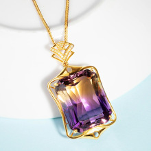 镀18k金镶钻石长方钻奢华23克拉仿天然巴西方形紫黄碧玺吊坠项链