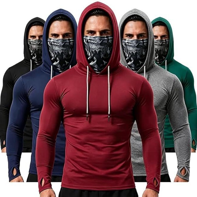 High Collar Outdoor Sun Protection Hooded Long-Sleeved Sweatshirt with Mask, Elastic Fitness Shirt Suitable for Running, Cycling, and Fishing