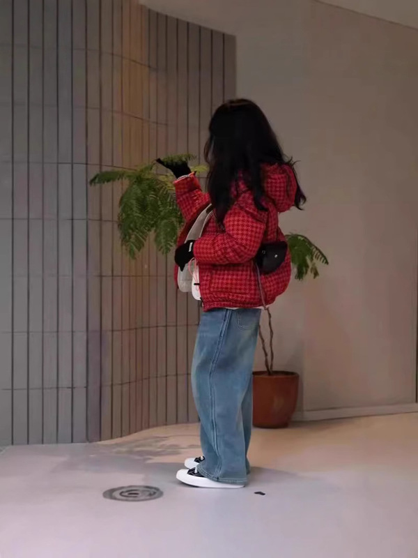 25升级版M红色植绒千鸟格秋冬男童女童时尚潮欧美百搭加厚款连帽|undefined