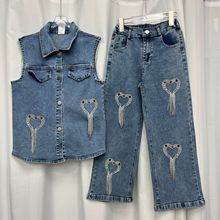 欧洲站外贸时尚甜酷牛仔套装女心形吊坠马甲阔腿裤显瘦百搭潮ins