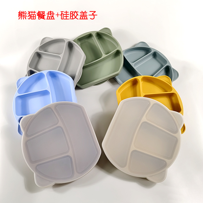 Placa de silicona para niños Panda vajilla de silicona para niños Placa de suplemento de alimentos para bebés cubierta de cuatro platos separados para niños