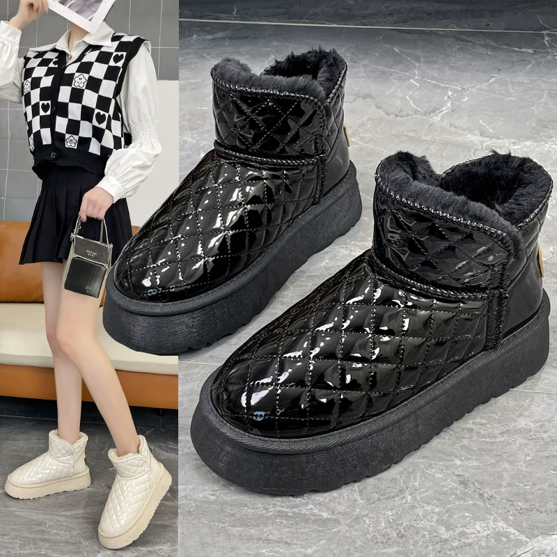 Зимние ботинки на толстой подошве в корейском стиле, хлопковые ботинки для женщин, новая зимняя обувь 2024 года, модная женская обувь на плоской подошве, теплая обувь, теплая хлопковая обувь