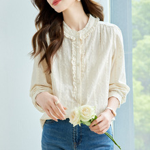 厂家直销绣花布门襟木耳边长袖衬衫女2025秋装通勤韩版宽松上衣