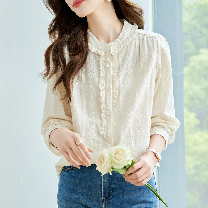 厂家直销绣花布门襟木耳边长袖衬衫女2025秋装通勤韩版宽松上衣
