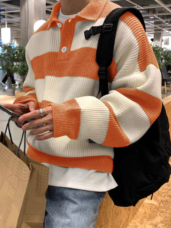 亚马逊跨境欧美翻领长袖针织拼色休闲装男士毛衣时尚柔软保暖6003|undefined