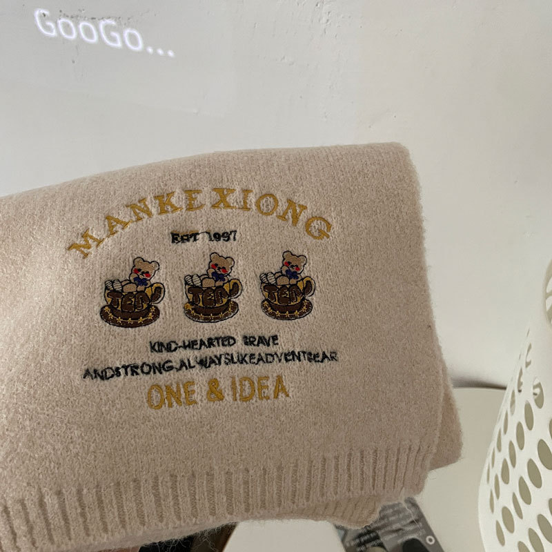 Sciarpa ricamata con tre piccoli orsetti ~ Dolce sciarpa in cashmere per il calore autunnale e invernale delle donne Coppia lavorata a maglia al collo_voghion.com