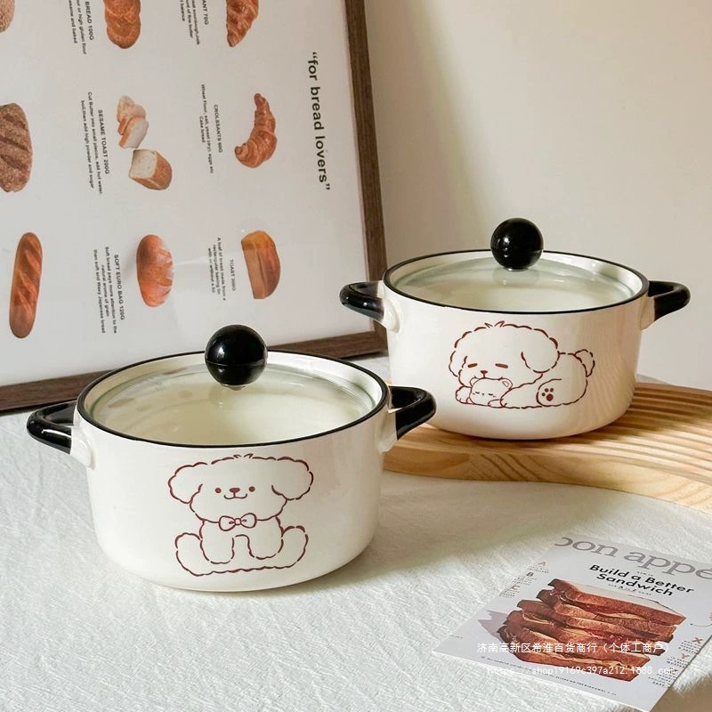 Инст韩韩? - need clean: Ins Korean cute puppy ceramic instant noodle bowl with lid student dormitory instant noodle bowl high-looking snail noodle bowl