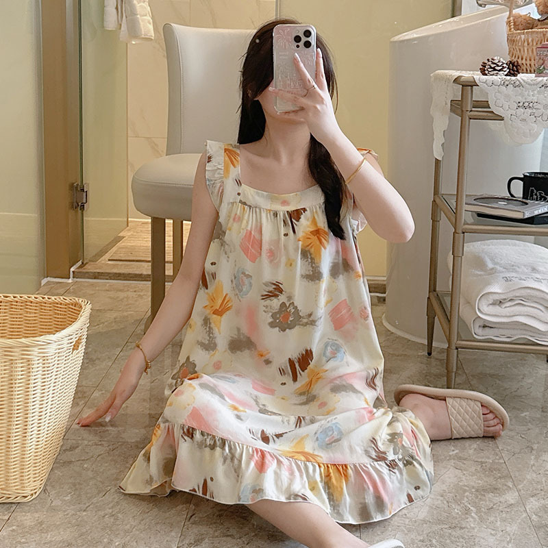 棉绸睡裙女夏季2025新款大码印花长裙春秋款网红高级感家居服批发