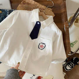 儿童2023新款男童白色衬衫女童英伦风领带衬衣宝宝学院风长袖上衣