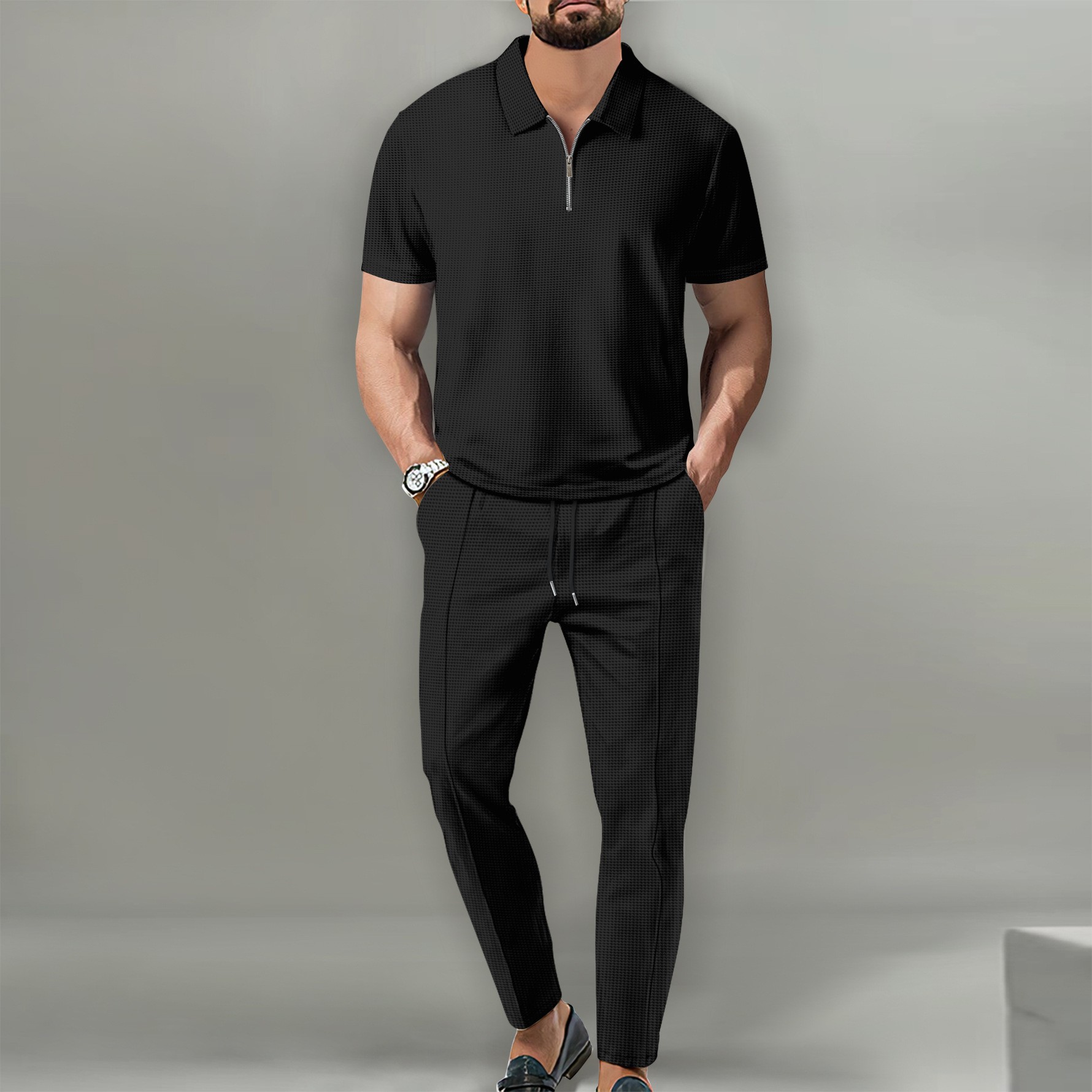 Nuovo abito da uomo in tinta unita, stile europeo e americano, autunno 2024, con colletto a risvolto, maniche corte e cerniera._voghion.com