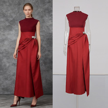 优雅风红棕拼接立领无袖长裙2025秋冬新款女装金属扣褶皱连衣裙女