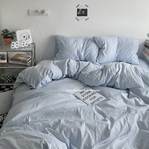 ins simple light blue waffle washed cotton bed four-piece dormitory bed sheet three-piece set summer Nantong bedding