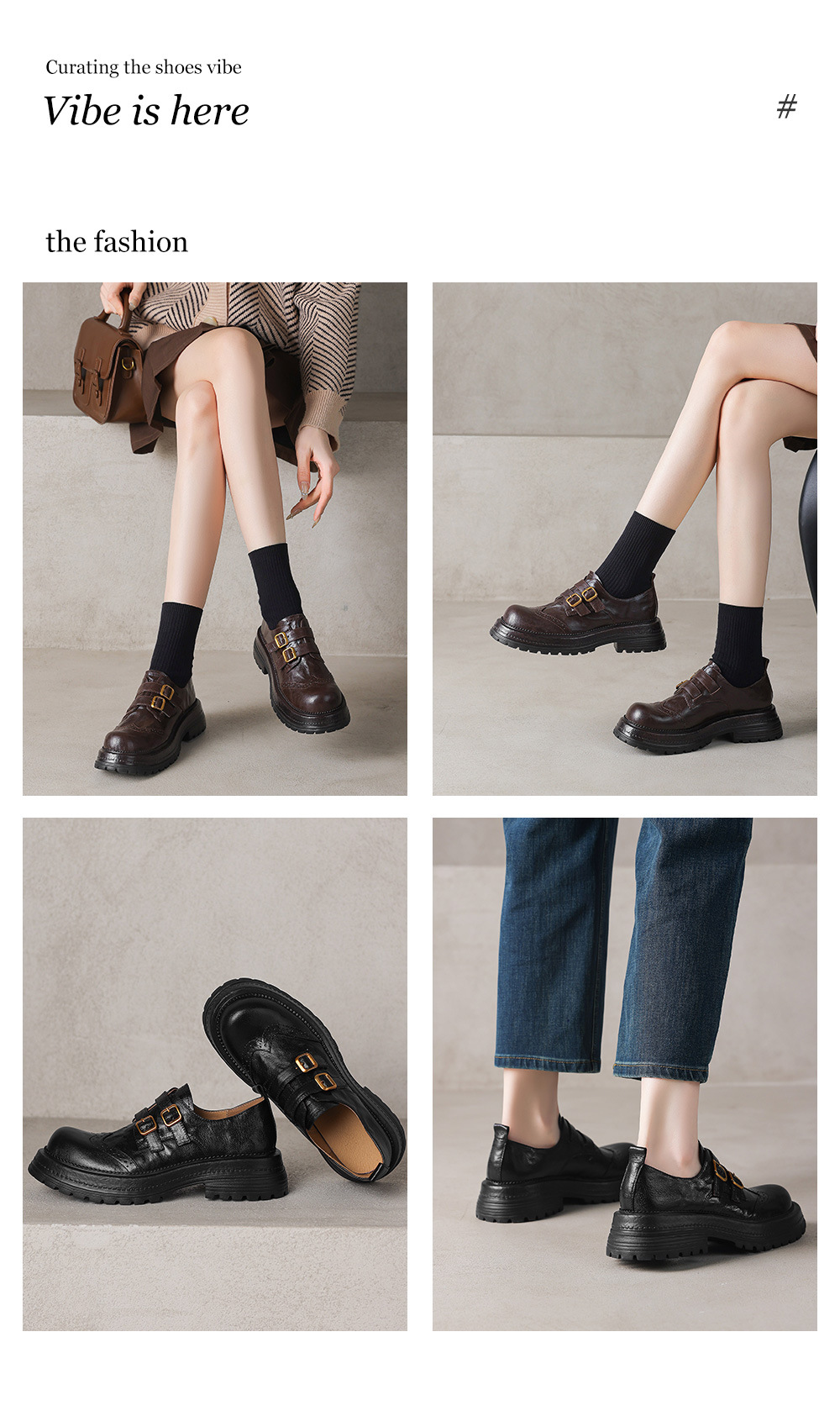 Giày loafer nữ đế dày mũi tròn gót vuông ổn định, khóa thắt lưng kép — màu nâu chi tiết 1