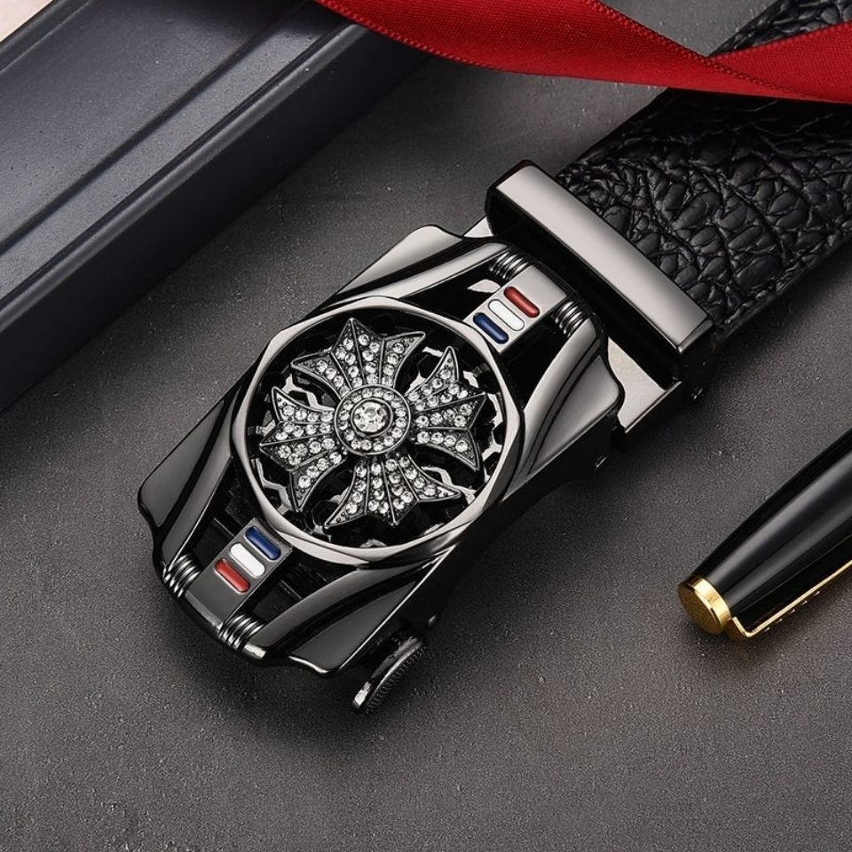 Men's Automatic Buckle Belt With Rotating Rhinestone Detail_voghion.com