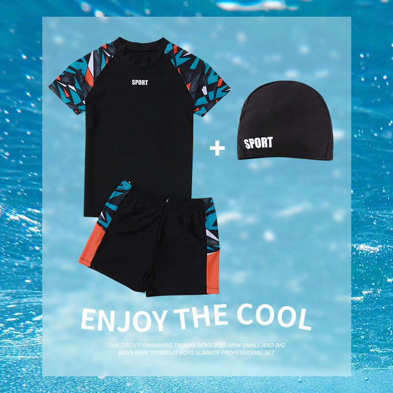 Approximately 2025 Fat Boy Swimwear, Boys' Plus Size Two-Piece Teenage Fat Boy Children's Swimsuit Set with Swimming Cap