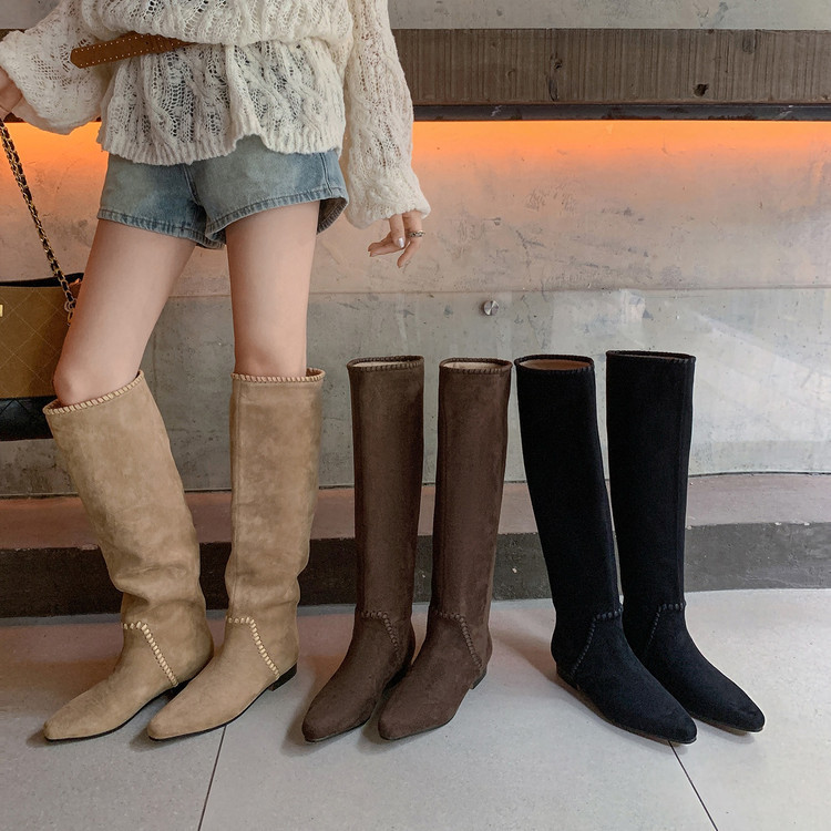 Suede Knight Boots Women's Knee-High Boots Autumn and Winter New Round-Toe Low-Heeled Sleeves Korean Style Pile Boots Women's High Boots