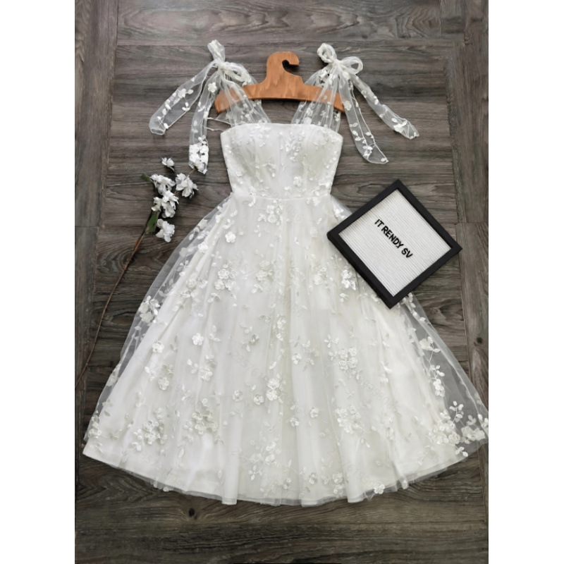 Women's New Summer Style Elegant and Romantic Mesh Embroidered Fabric Lace-Up Waist-Cinching A-Line Mid-Length Dress