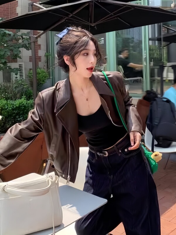 港风复古咖色pu皮衣外套女早秋季2025新款小个子短款机车夹克上衣|undefined