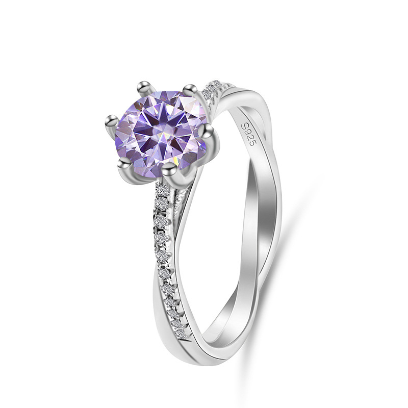 Multicolor Moissanite brazo de torsión clásico de seis garras con anillo de boda de plata de 925 1 quilates PT950 platino mujer