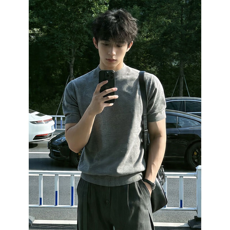 American-Style Gray Old Money Style Knitted Short-Sleeve Men's Summer Slim-Fit Regular Shoulder Boxy Sports Fitness Half-Sleeve Top