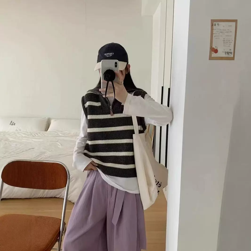 韩系条纹翻领半拉链针织马甲女2025秋冬新款休闲叠穿无袖毛衣背心