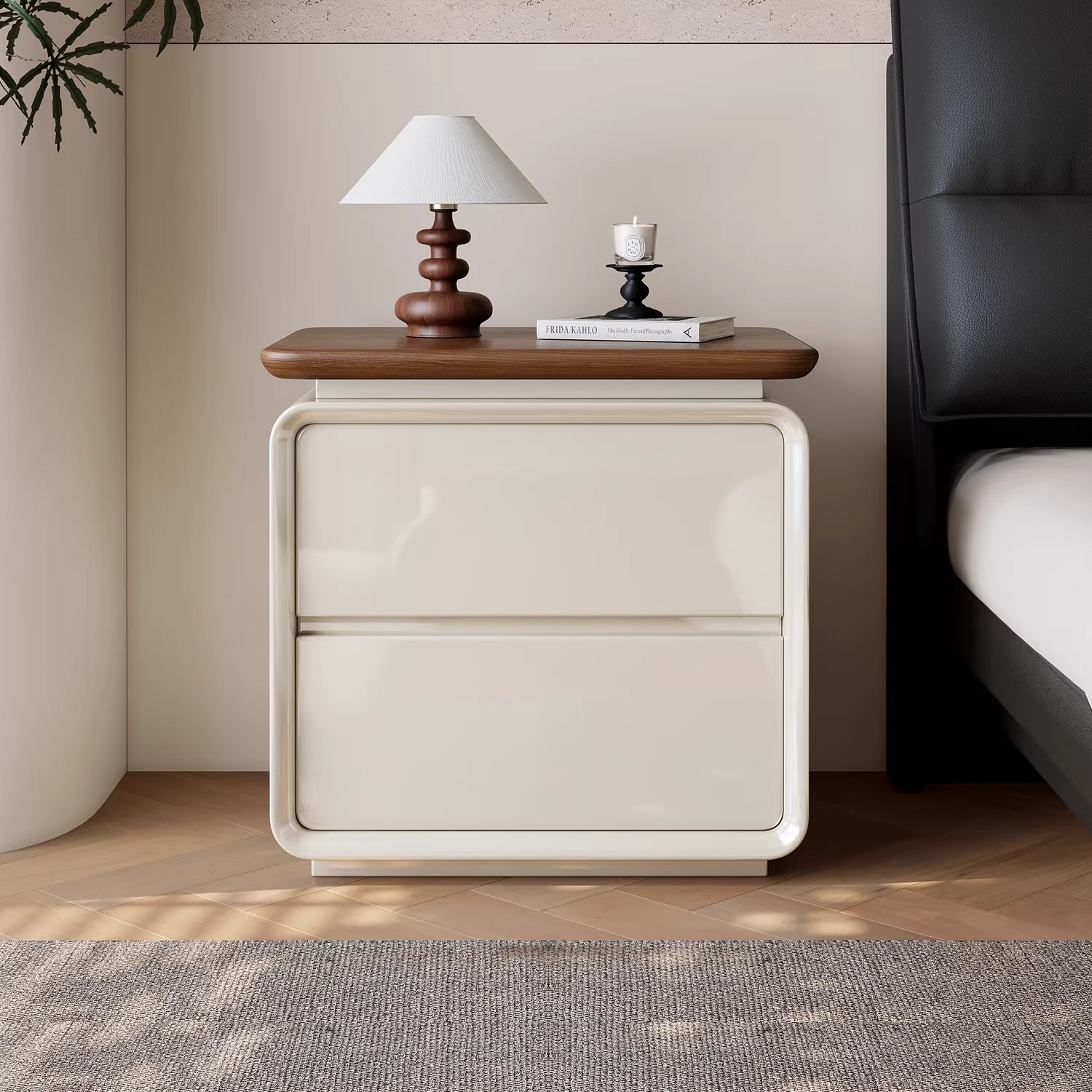 Mesa de cabecera de madera maciza pintada casa dormitorio 2026 venta caliente pequeño estilo medieval lujoso alta sensación gabinete de almacenamiento