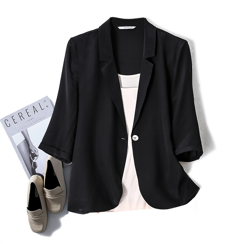 Black Hepburn Style Silk Small Suit Spring Spring Korean Style Short Mulberry Silk Women's Suit Jacket Elegant