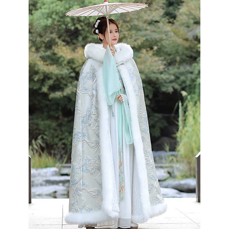 Древний стиль Hanfu плащ меховый воротник женский зимний бархат утолщает и теплая длинная шерстяная шаль китайский стиль зимний