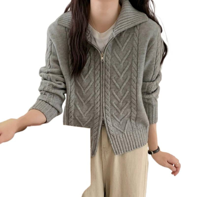 Gray Twist Zipper Suéter chaqueta mujer primavera y otoño engrosado diseño de nicho de vestir cardigan de punto perezoso