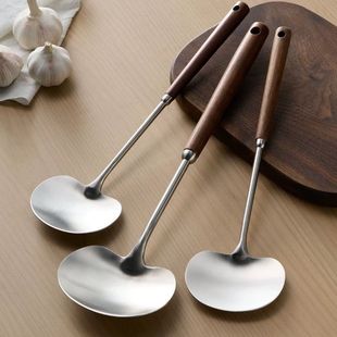 New Walnut Stainless Steel Household Mushroom Spatula Cooking Spoon Chef Frying Spoon Long Handle Cooking Spatula Frying Spatula