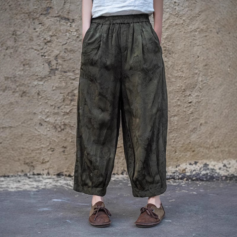 2025 summer new elastic waist ramie jacquard casual pants elastic waist radish pants