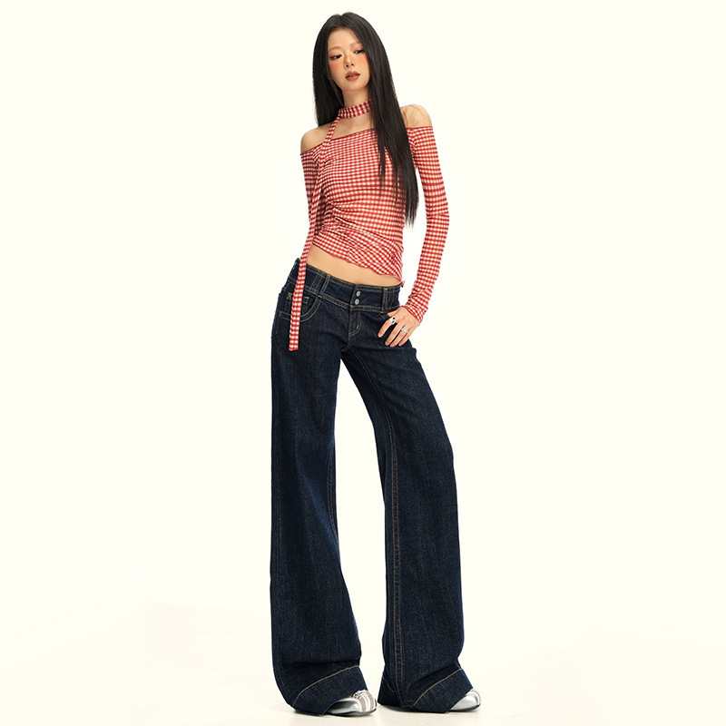 Low-Waist Double-Button Jeans for Women 2026 New Style American Style Non-Tight Retro Stretch Straight-Leg Micro-Flare Pants