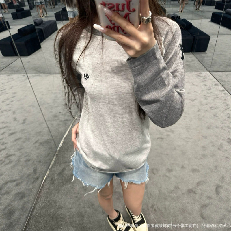 High-Quality Nanyou Version Ch26 New Style Round Neck Color-Blocked Leather Label Wool Blend Raglan Sleeve Sun Protection Long-Sleeve Base Layer