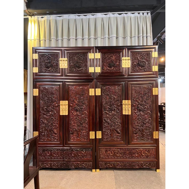 Laos Rosewood Cochin Rosewood Deep Carved Yunlong Top Box Cabinet Large Wardrobe Bedroom Storage Cabinet
