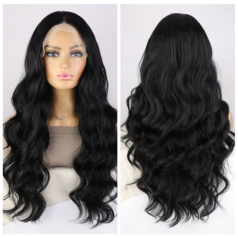 Peluca sintética larga ondulada negra para mujer con encaje frontal de 13x4 mm, estilo europeo americano, gorro de tamaño promedio, extensiones de cabello con ondas corporales._voghion.com