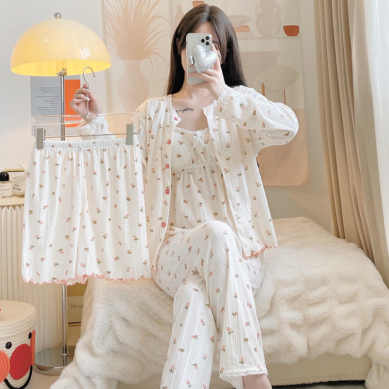 Pajamas women's spring and autumn four-piece suit with chest pad sweet cute girl Summer loose long sleeve home wear winter