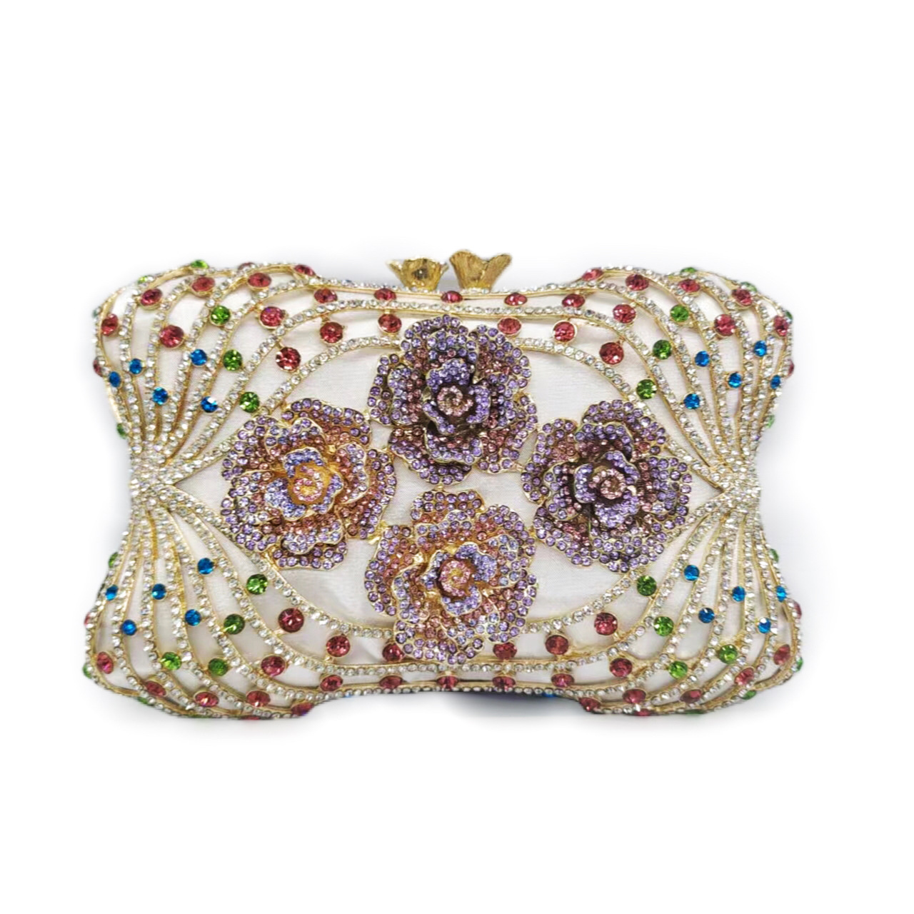 Túi clutch nữ cầm tay đính đá rhinestone dạ hội cao cấp phong cách Âu Mỹ — Màu tím trắng, Màu vàng quất, Vàng Pha Lê, Nền vàng kim cương trắng