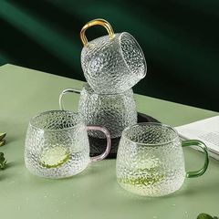 玻璃水杯带把手耐高温防爆泡茶杯家用大容量喝水杯套装锤纹杯子